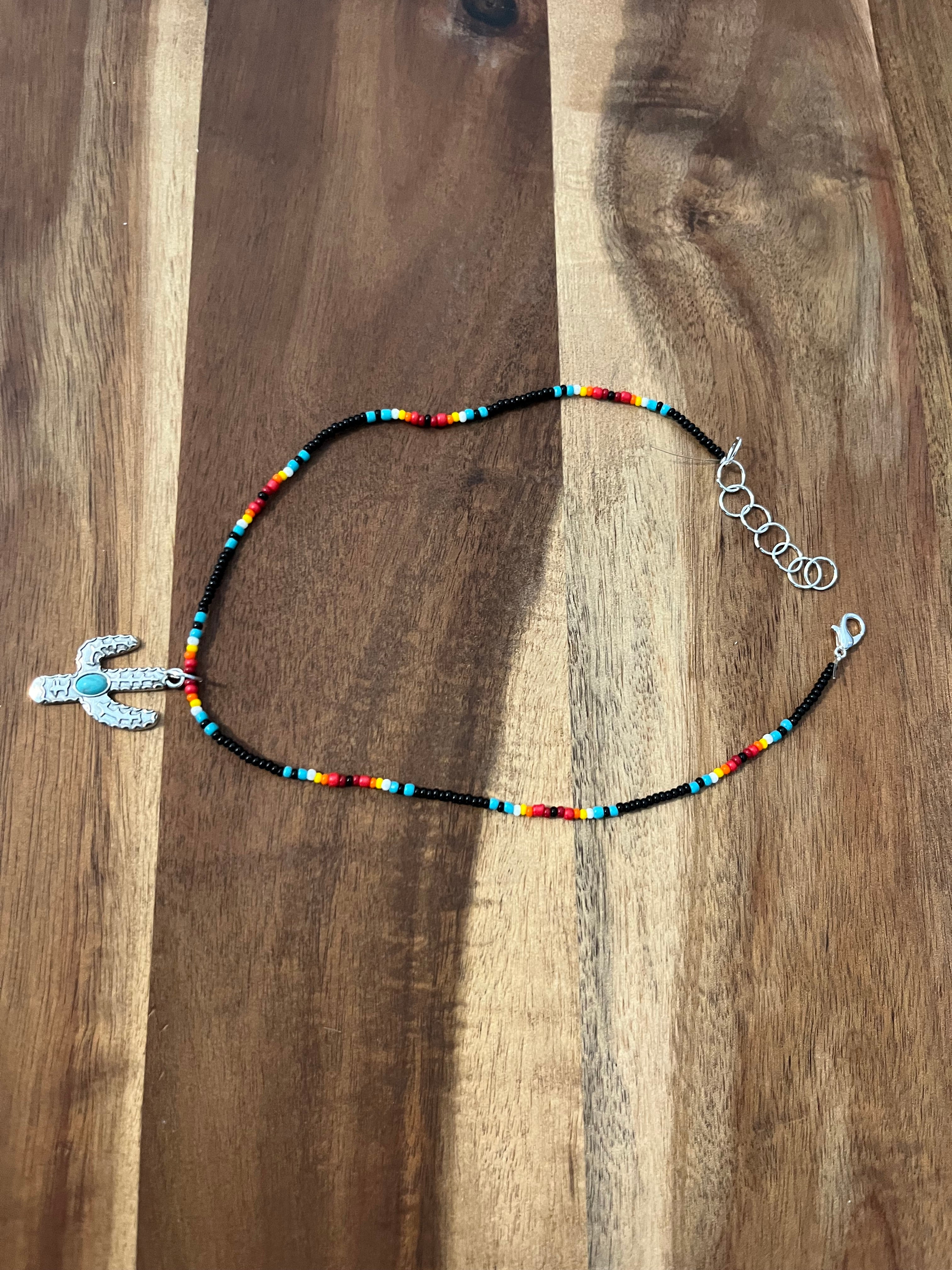 BEADED CHOKER WITH SILVER & TURQUOISE CACTUS CHARM