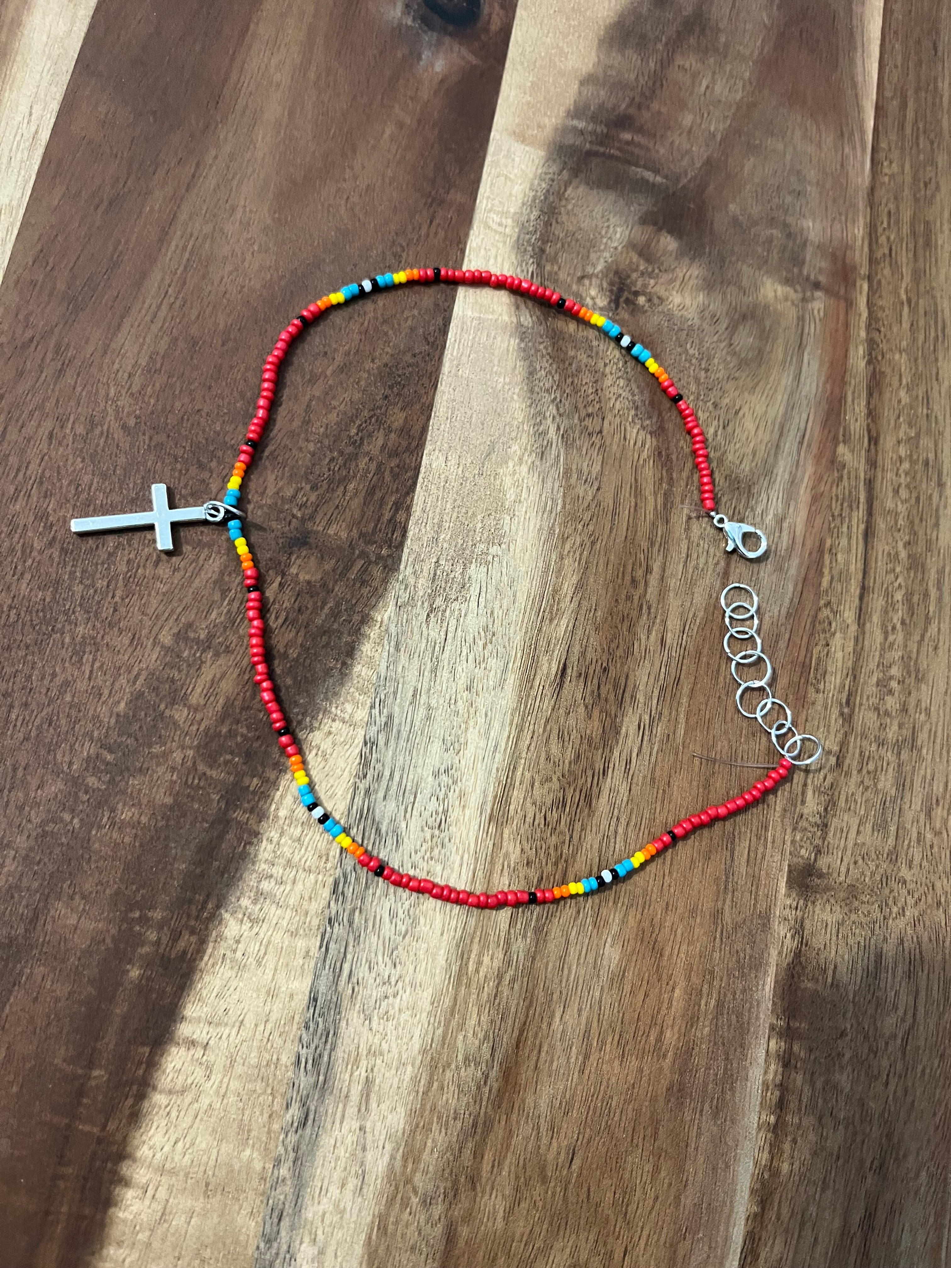 BEADED CHOKER WITH SILVER CROSS CHARM