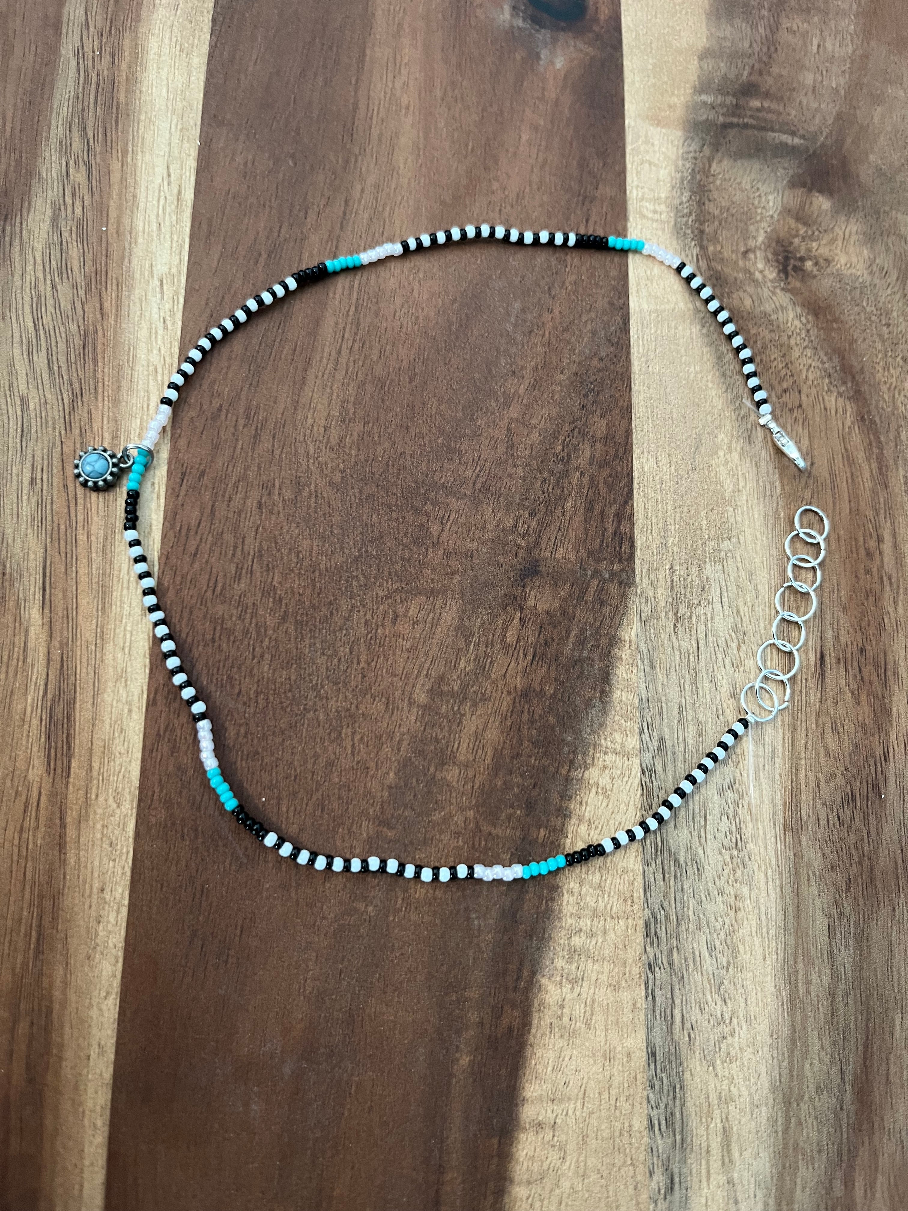 BEADED CHOKER WITH SILVER & TURQUOISE CHARM
