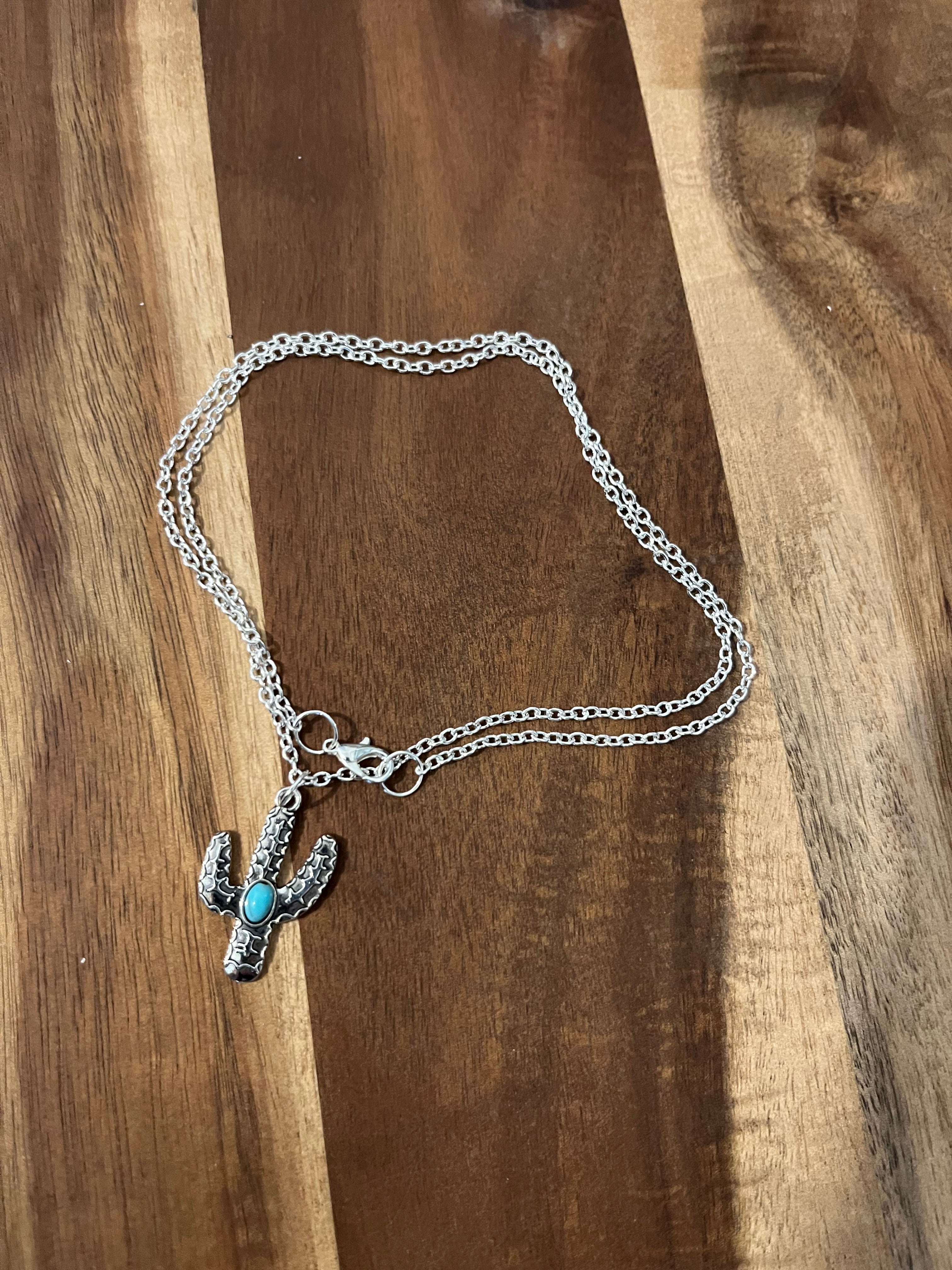 SILVER & TURQUOISE CACTUS CHARM NECKLACE